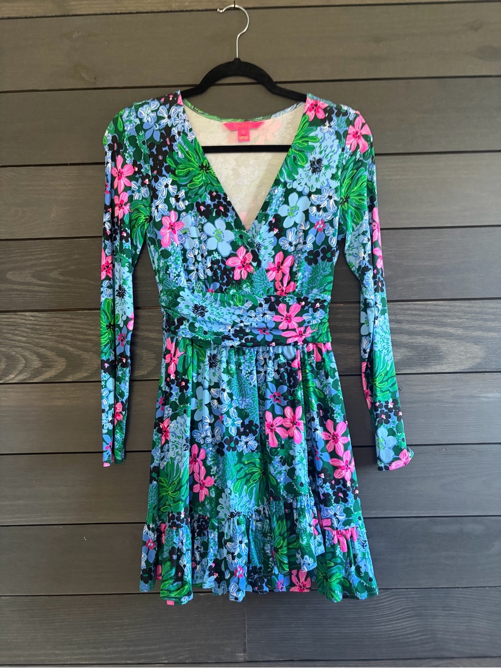 Lilly Pulitzer Green, Pink & Blue Floral Wrap-Style Long Sleeve Dress